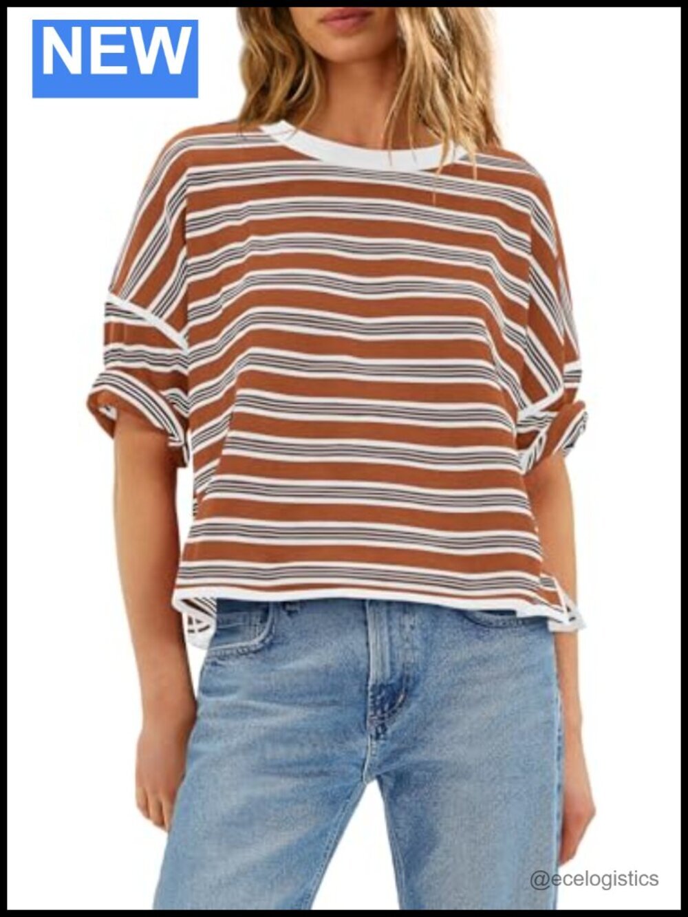 Women's Striped Short Sleeve Oversized Boxy T-Shirt Crew Neck